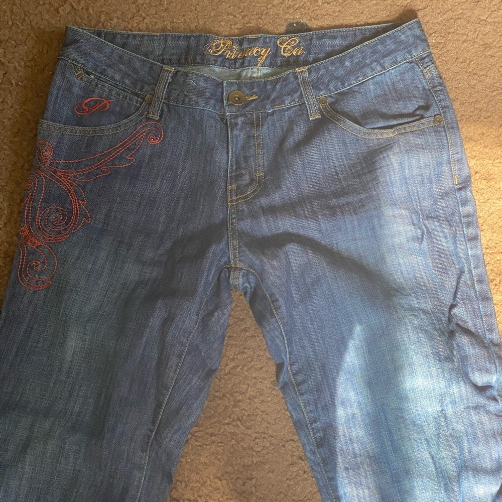 Blue and Red Boot Cut Jeans with Classic Denim Finish